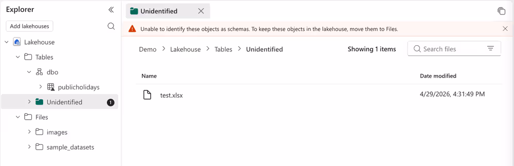 Microsoft Fabric Lakehouse UI showing an unidentified file in the Tables folder with a warning that the object cannot be identified as a schema