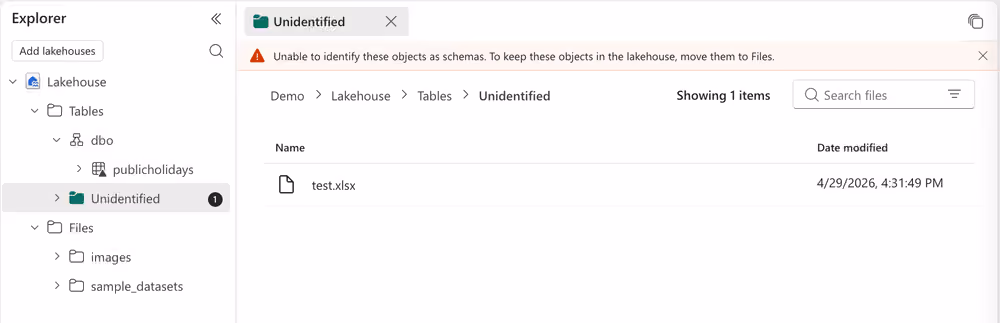 Microsoft Fabric Lakehouse UI showing an unidentified file in the Tables folder with a warning that the object cannot be identified as a schema