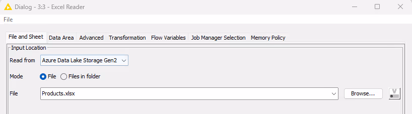 Azure file reader configuration