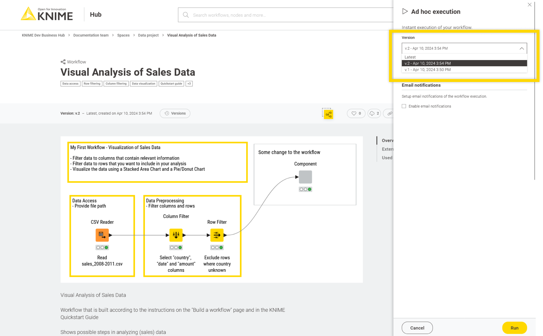 Ad hoc execution configuration panel