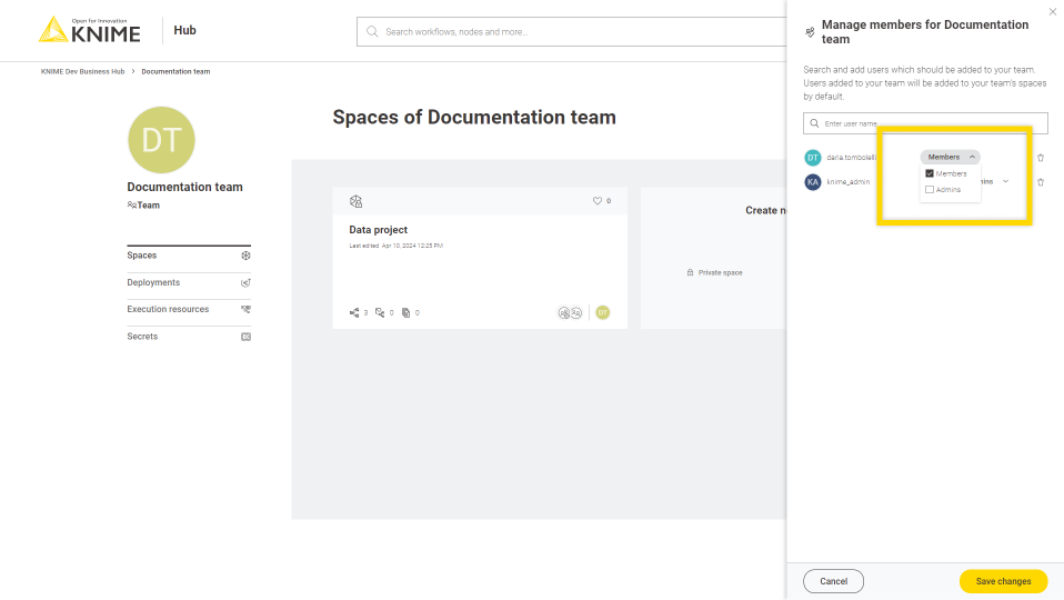 Manage team members roles