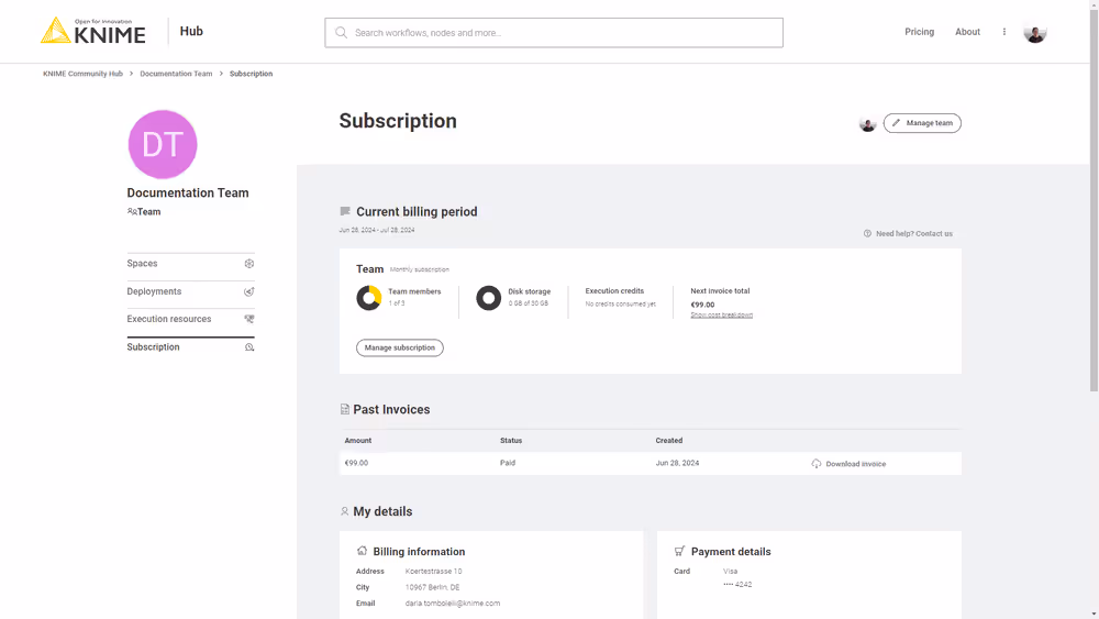 Manage team subscription