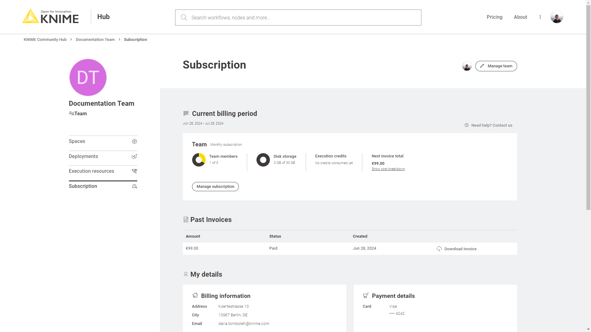 Manage team subscription