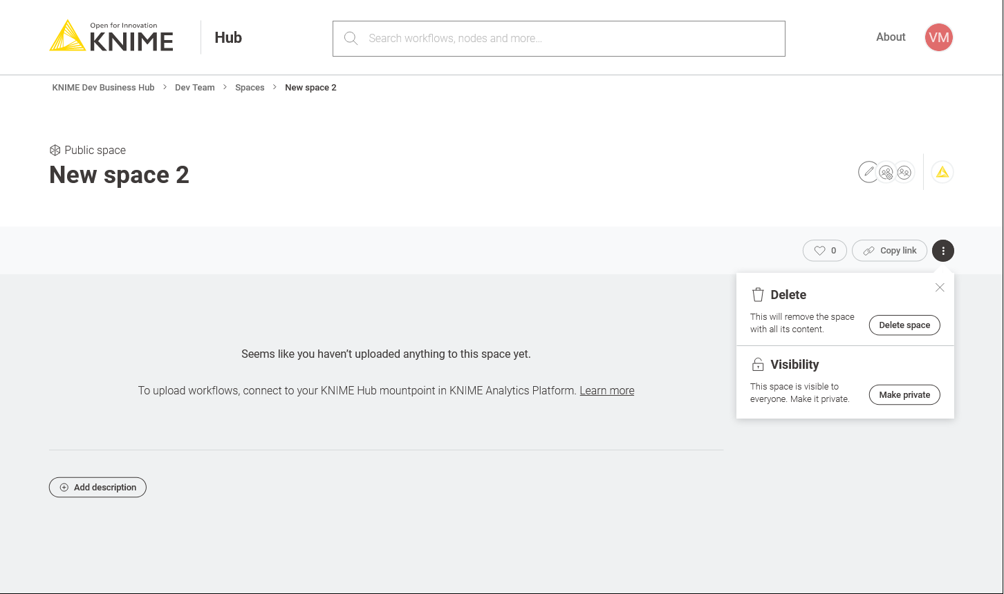 Change visibility or delete an existing team owned space