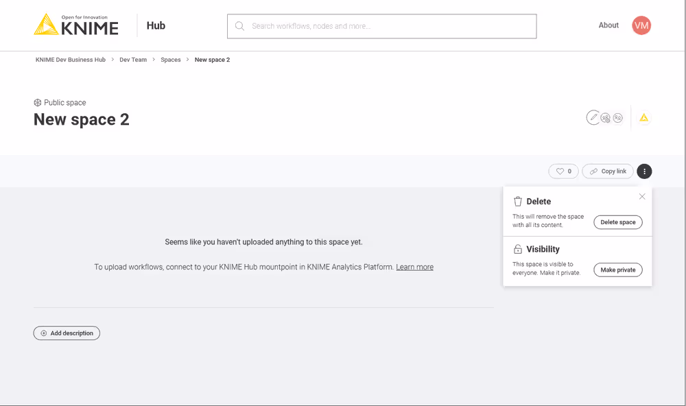 Change visibility or delete an existing team owned space