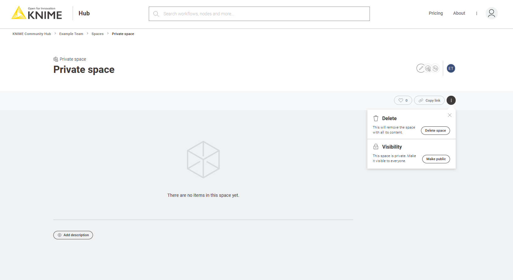 Change visibility or delete an existing team owned space