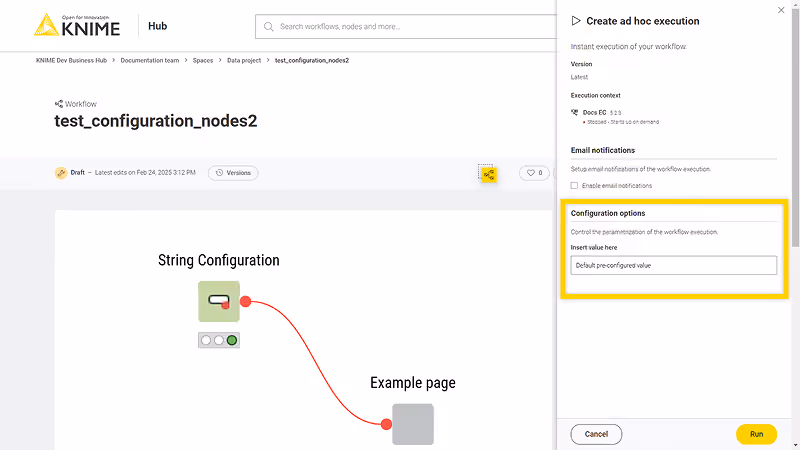 Workflow parameters set in the execution side panel