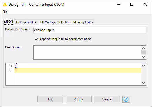 Container Input (JSON) node configuration dialog