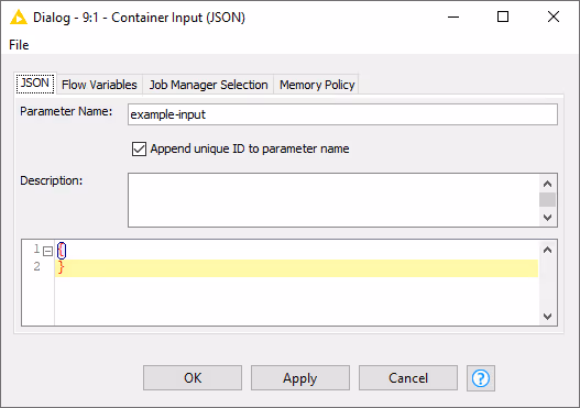 Container Input (JSON) node configuration dialog