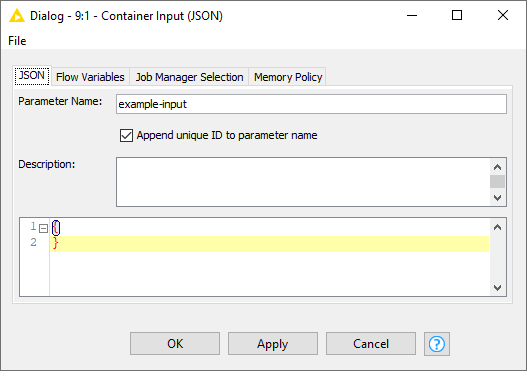 Container Input (JSON) node configuration dialog