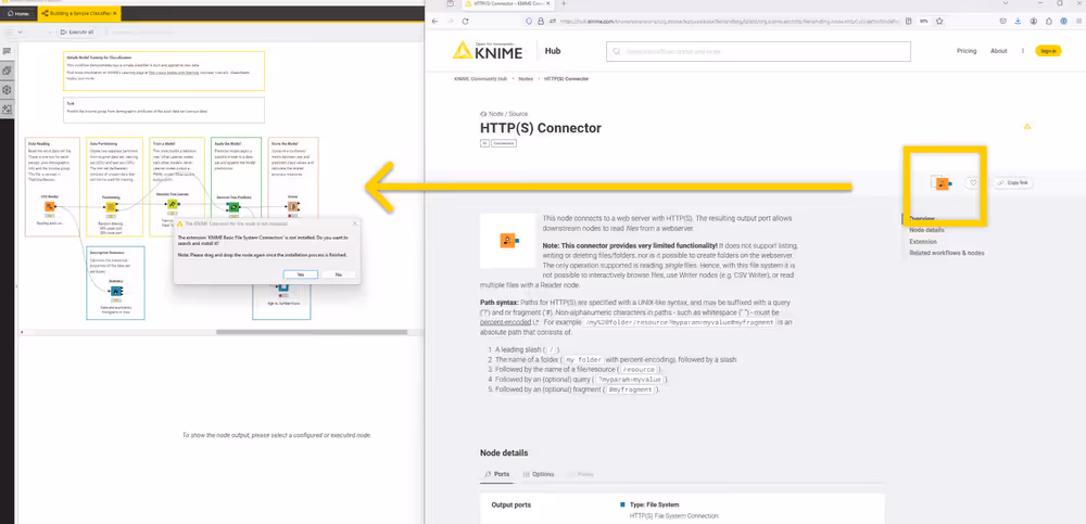 Drag & drop a node from KNIME Hub to KNIME Analytics Platform and install missing extension