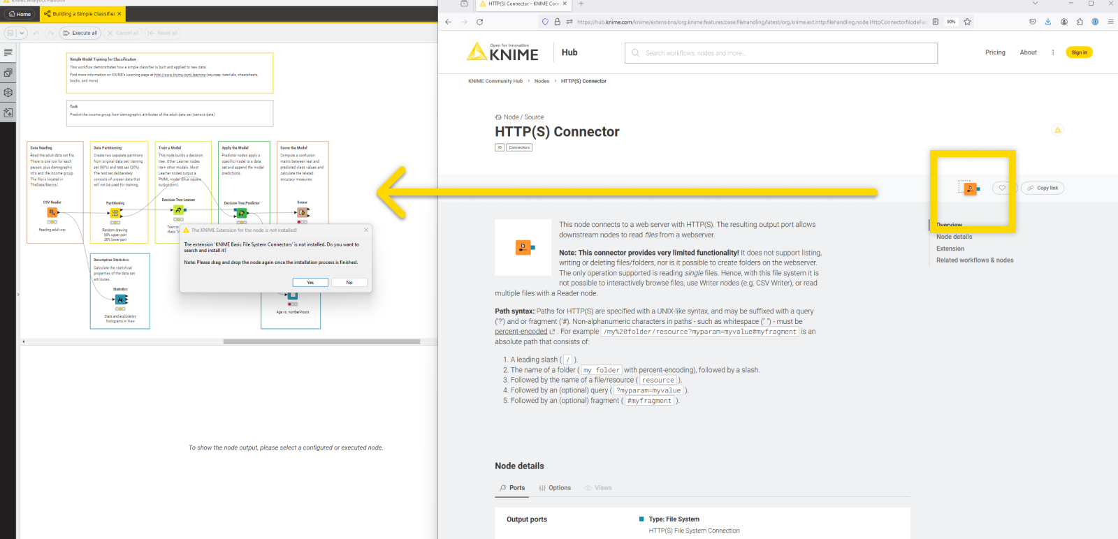 Drag & drop a node from KNIME Hub to KNIME Analytics Platform and install missing extension
