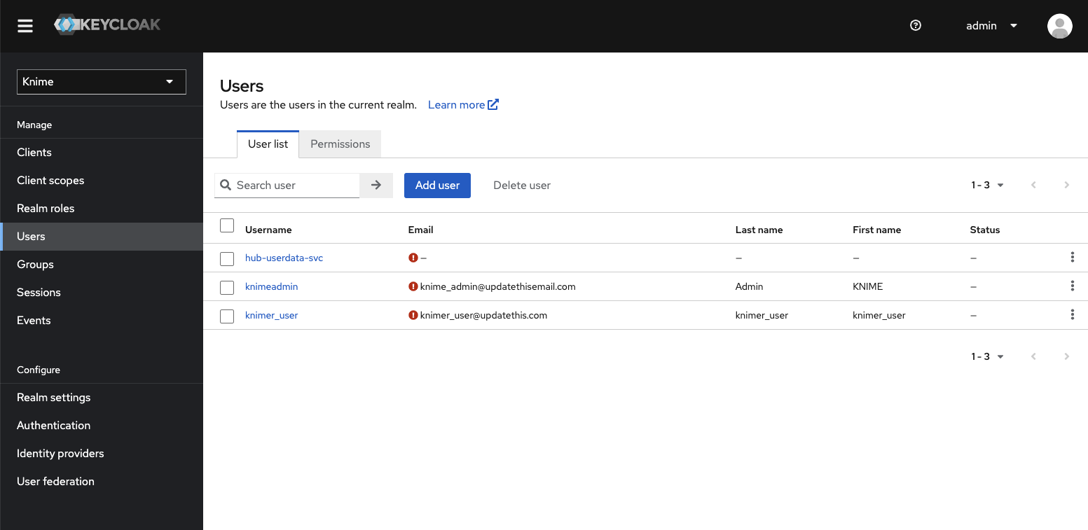 The Keycloak users menu