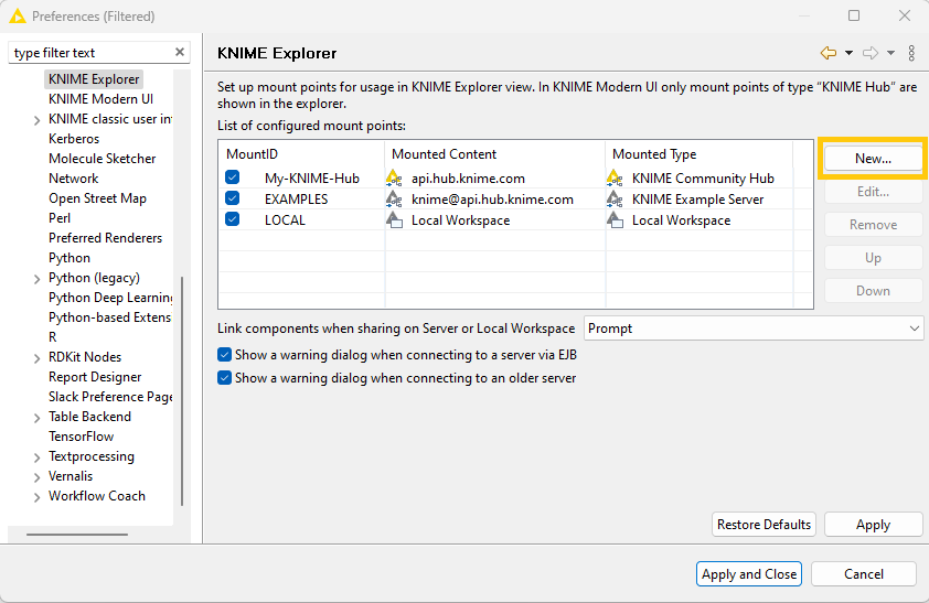 Add a new Hub in the Preferences dialog