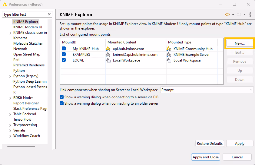Add a new Hub in the Preferences dialog