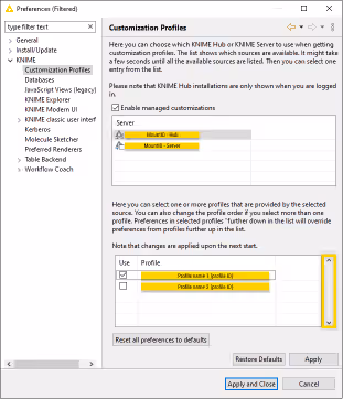 Customization profiles preferences window