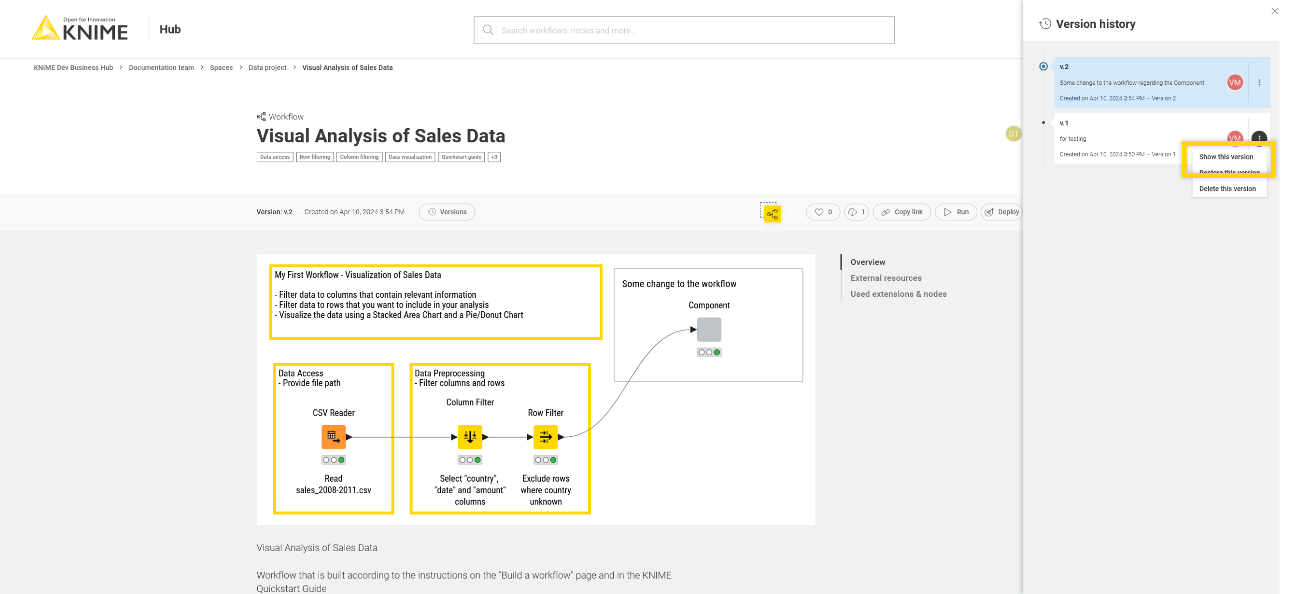 Show the versions of a workflow