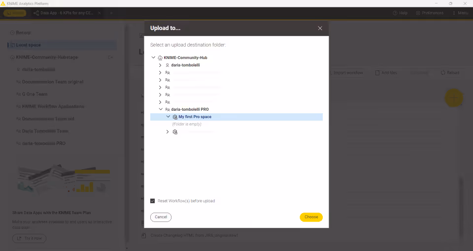 Upload to Hub window