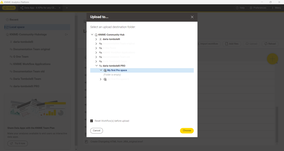 Upload to Hub window