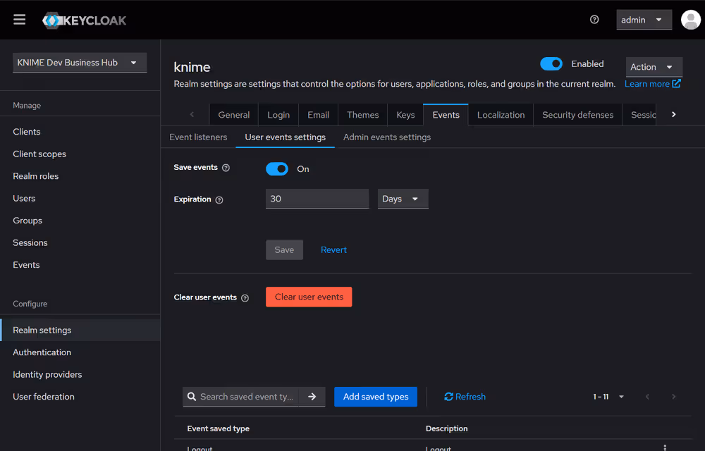 Activate Save events in Realm Settings > Events > User events settings