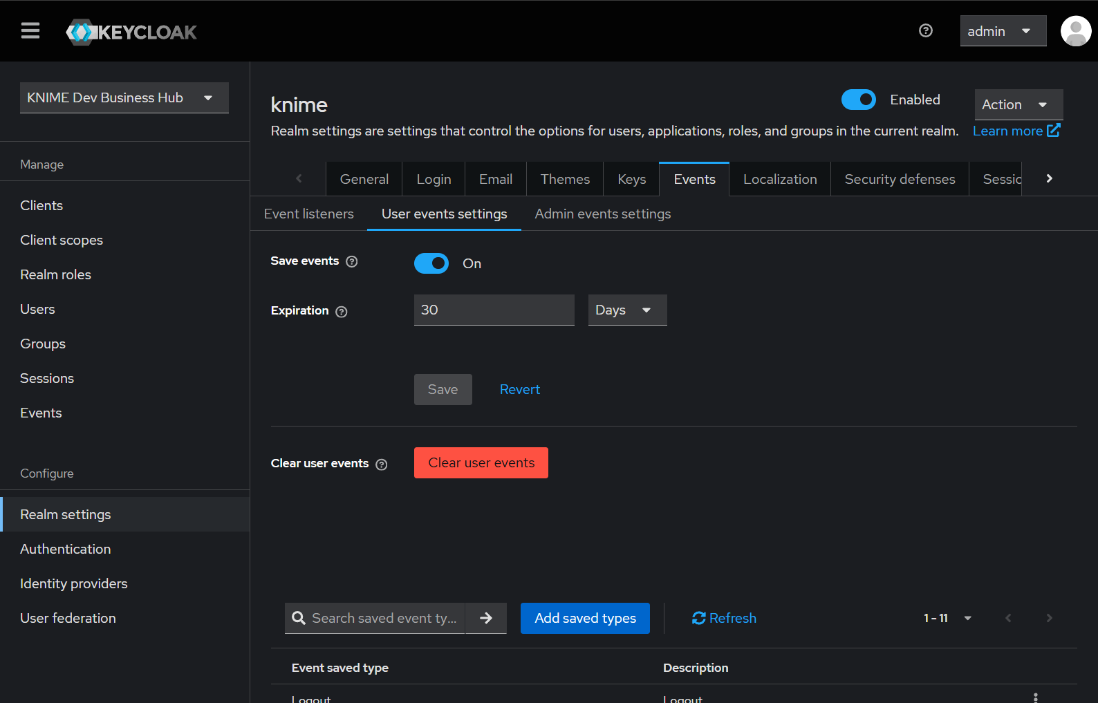 Activate Save events in Realm Settings > Events > User events settings