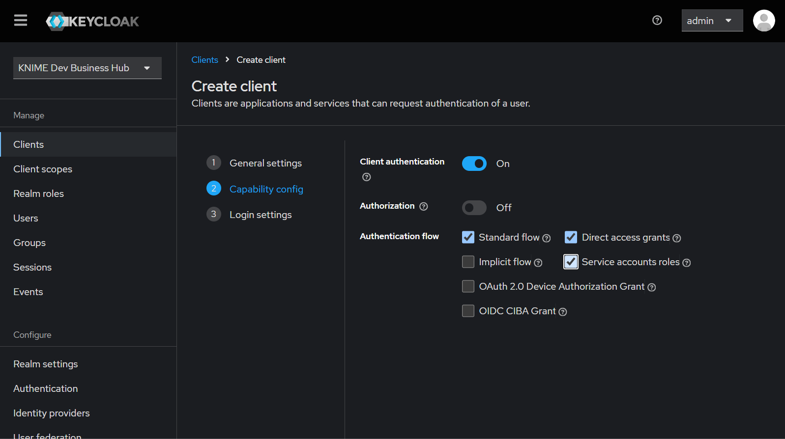 Enable Client authentication and Service account roles