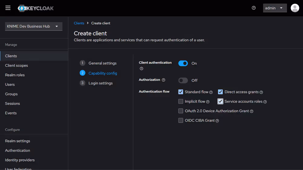 Enable Client authentication and Service account roles