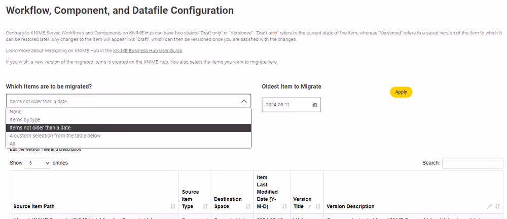 server to hubmigration workfow page3 items