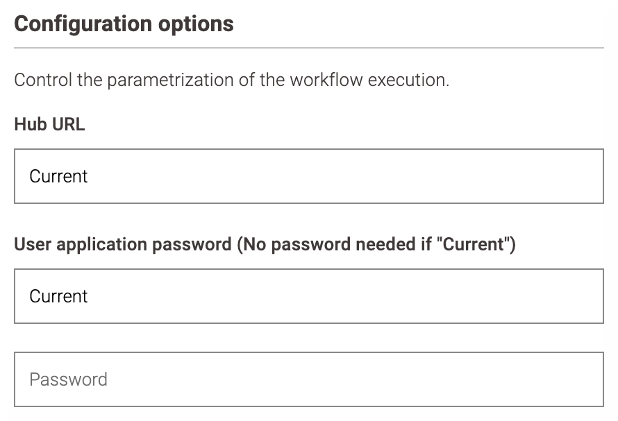 Hub URL and user application password configuration dialog