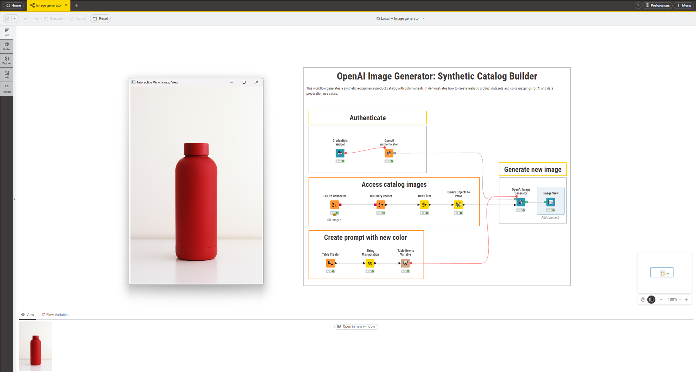 .New product image of a yellow bottle generated by the OpenAI Image Generator node based on the original green bottle image and a prompt to change the color to red.